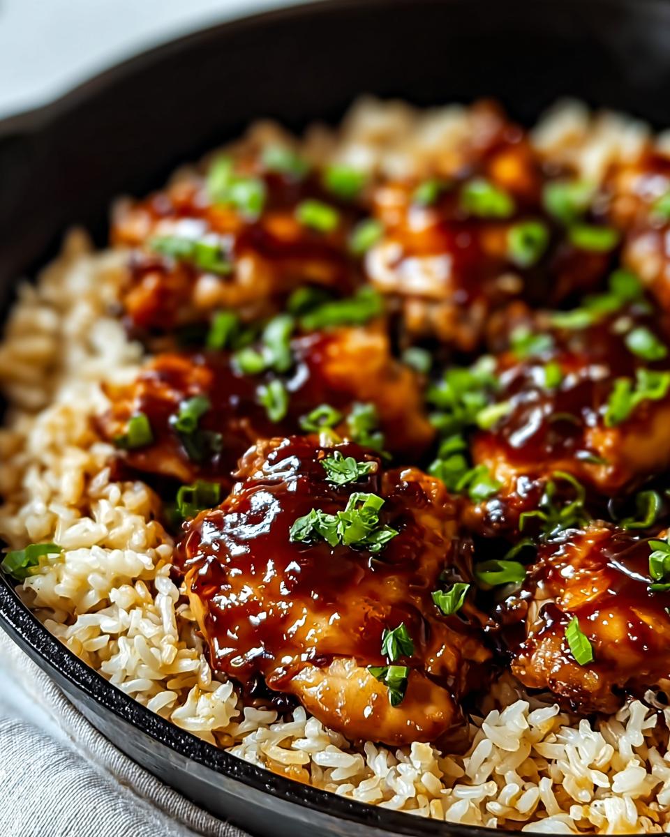 Close-up of One-Pan Honey BBQ Chicken Rice in a skillet, topped with green onions.