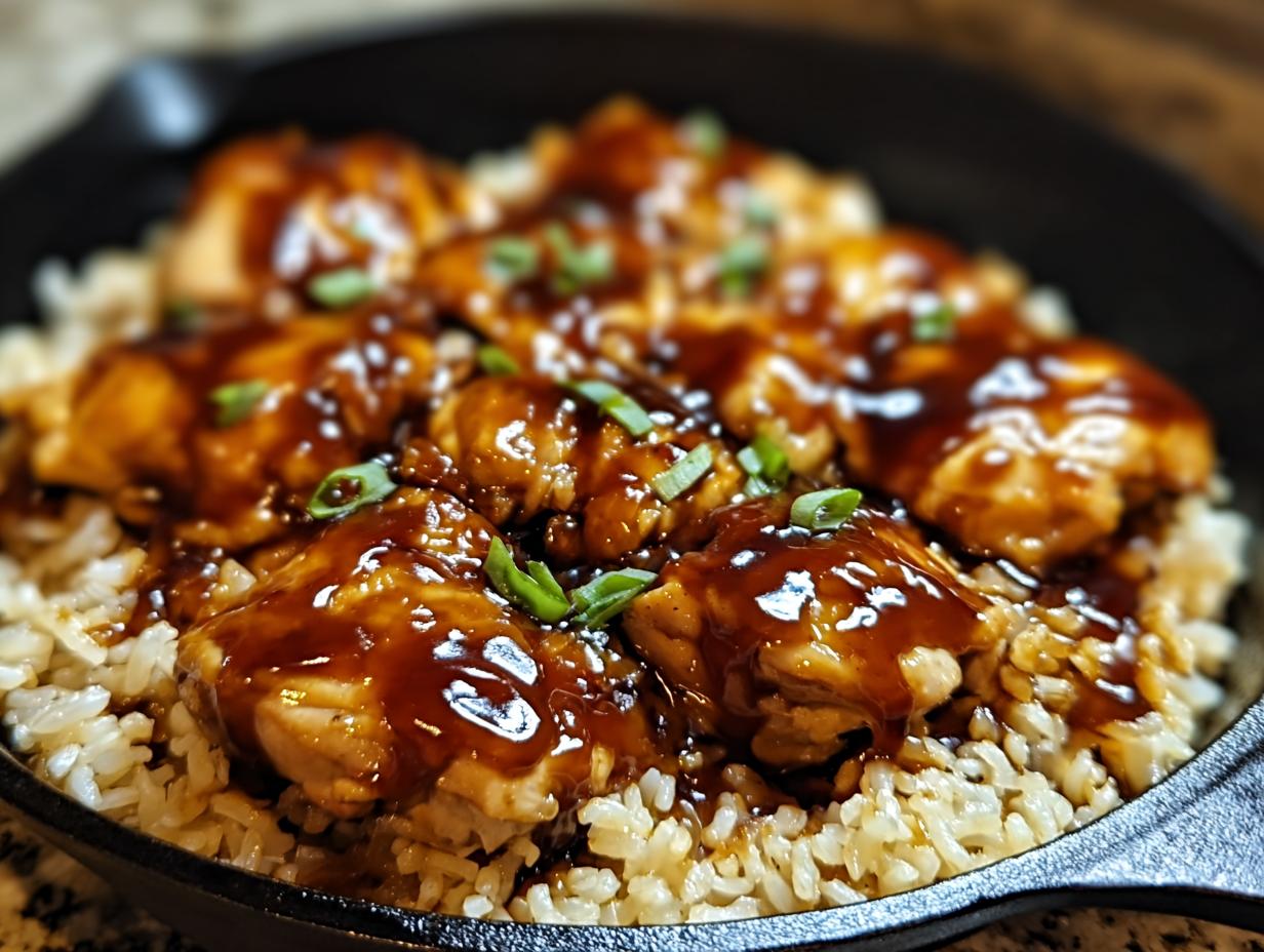 Close-up of One-Pan Honey BBQ Chicken Rice, featuring glazed chicken pieces over fluffy rice, garnished with green onions.