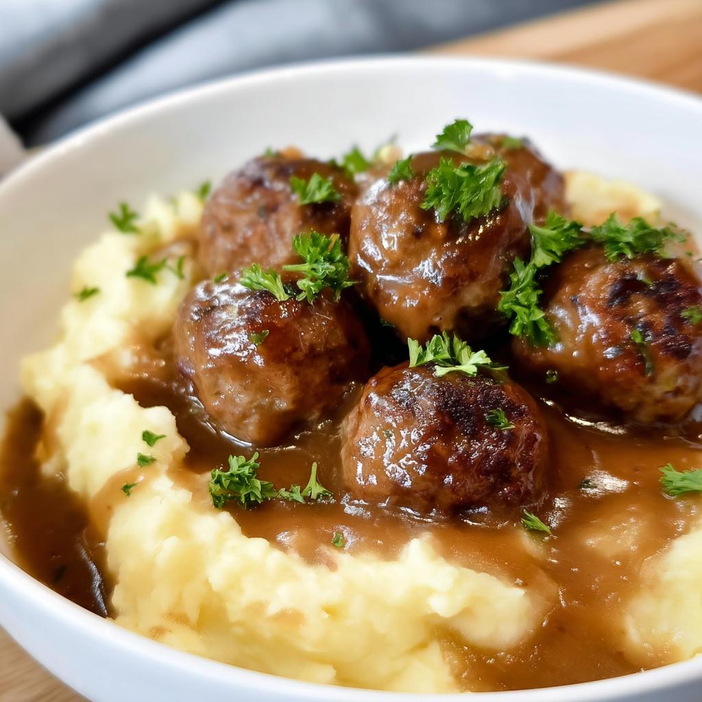 Close-up of Salisbury Steak Meatballs nestled in creamy Garlic Herb Mashed Potatoes, garnished with parsley.