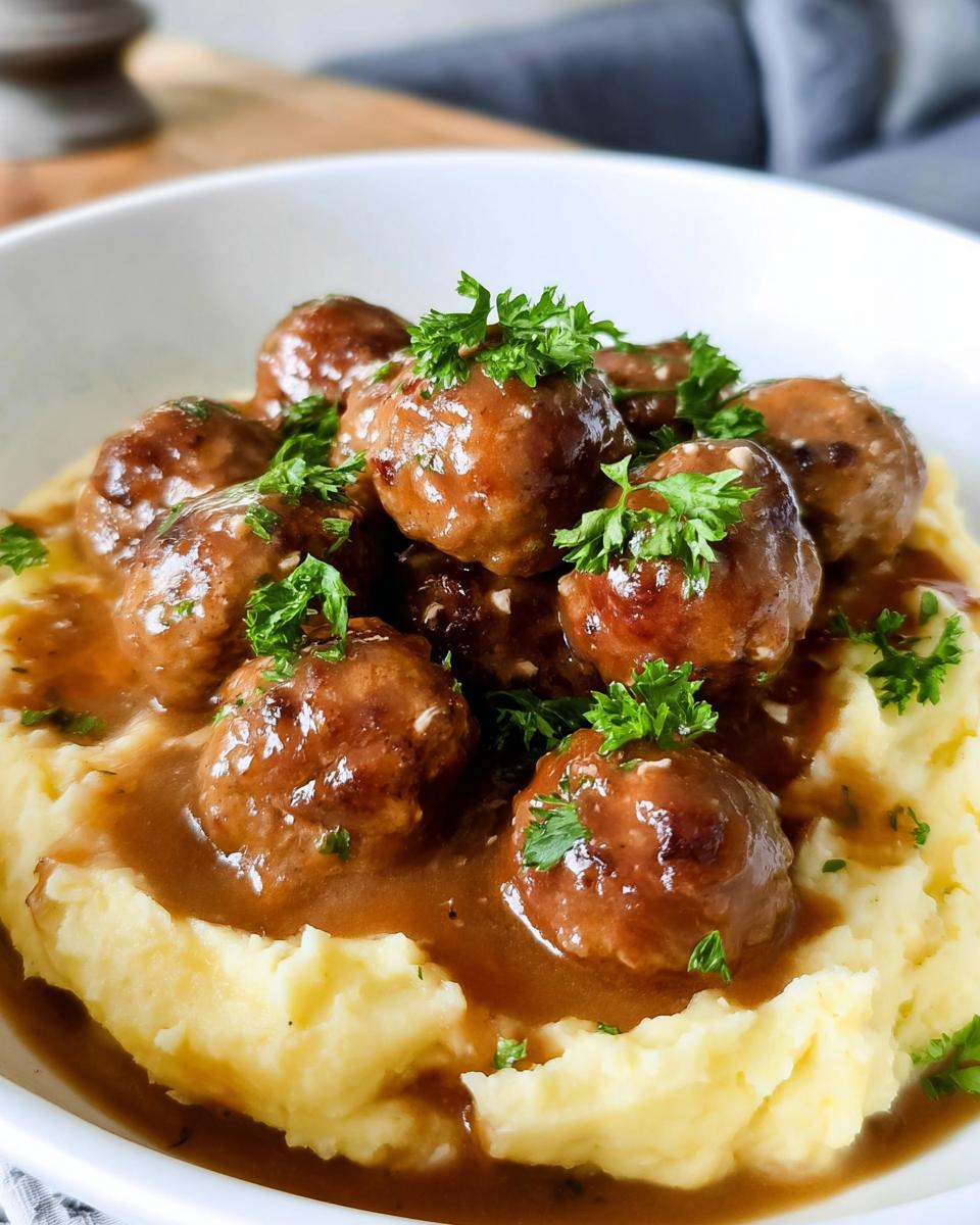 Close-up of Salisbury Steak Meatballs smothered in gravy, served over creamy Garlic Herb Mashed Potatoes and garnished with parsley.