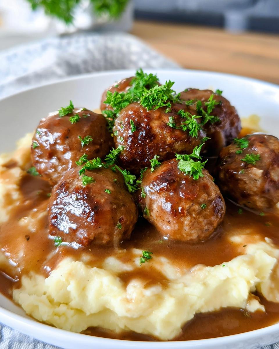 A close-up of Salisbury Steak Meatballs smothered in gravy, served over creamy Garlic Herb Mashed Potatoes and garnished with parsley.