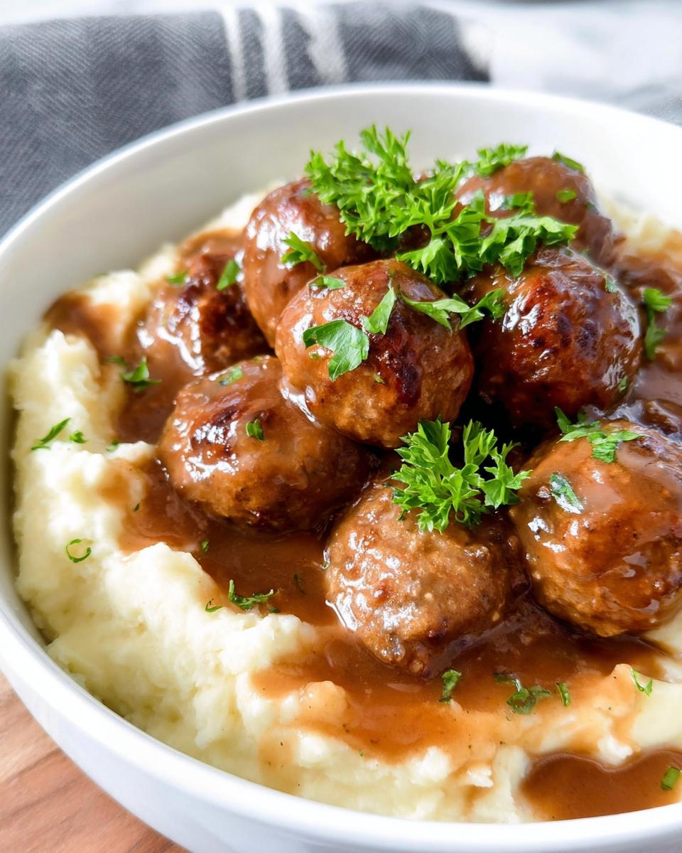 Close-up of Salisbury steak meatballs smothered in gravy served over garlic herb mashed potatoes, garnished with parsley.