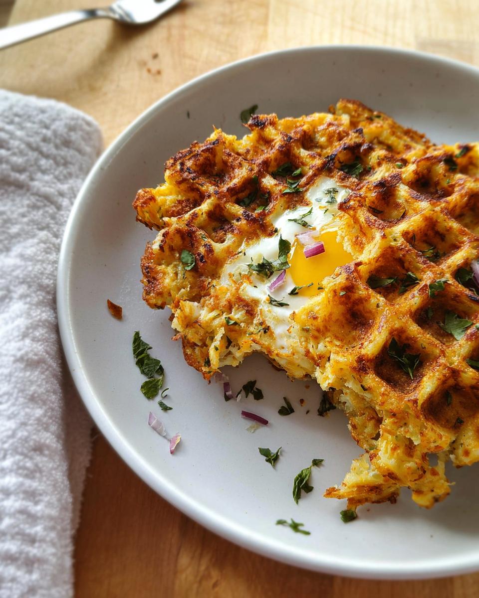 A golden-brown savory hashbrown chaffle with a cooked egg in the center, topped with red onion and parsley.