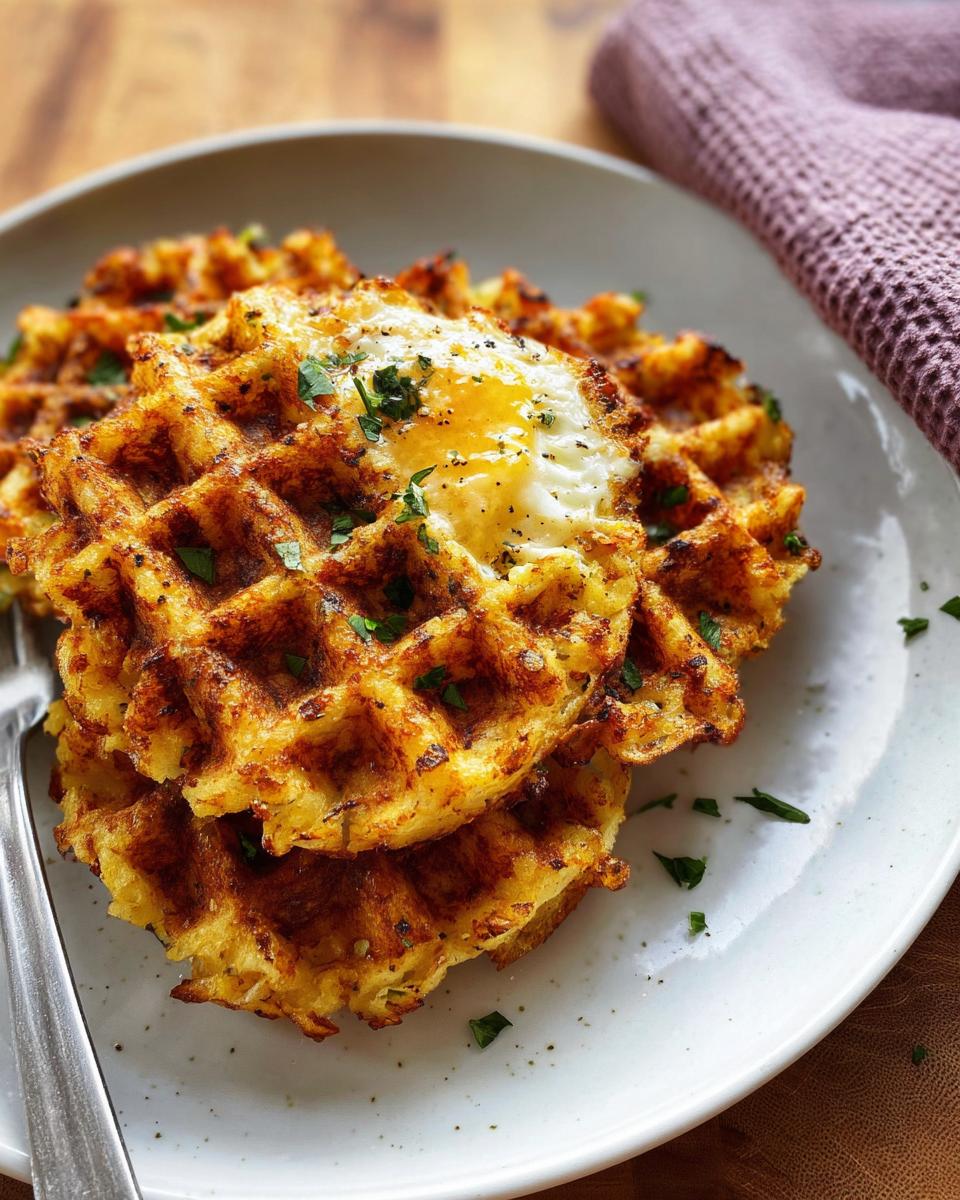 A stack of golden brown savory hashbrown chaffles topped with a perfectly fried egg and fresh parsley.