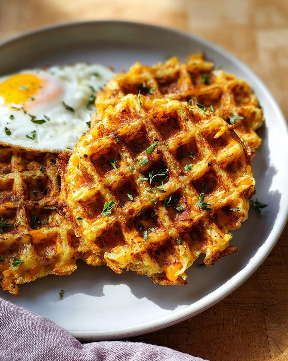 Three golden-brown savory hashbrown chaffles topped with herbs, served with a fried egg on a white plate.