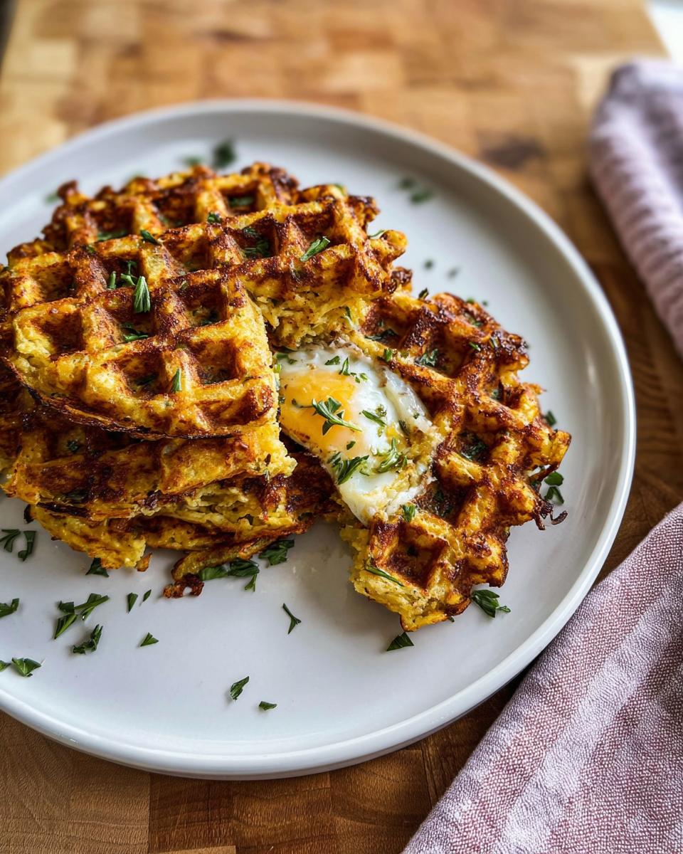 A stack of golden brown Savory Hashbrown Chaffles topped with a perfectly fried egg and fresh parsley.