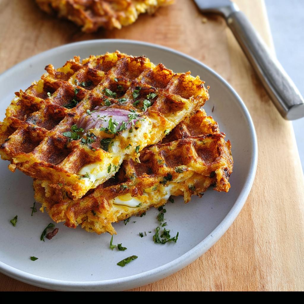 Close-up of a Savory Hashbrown Chaffle, cut in half to reveal melted cheese and egg, garnished with fresh herbs.