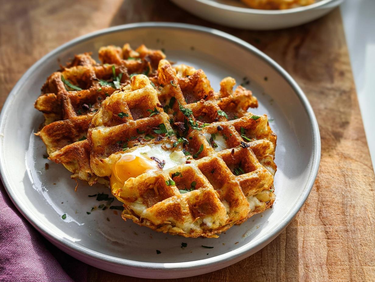 A golden brown Savory Hashbrown Chaffle with a perfectly cooked egg nestled in the center, sprinkled with fresh herbs.