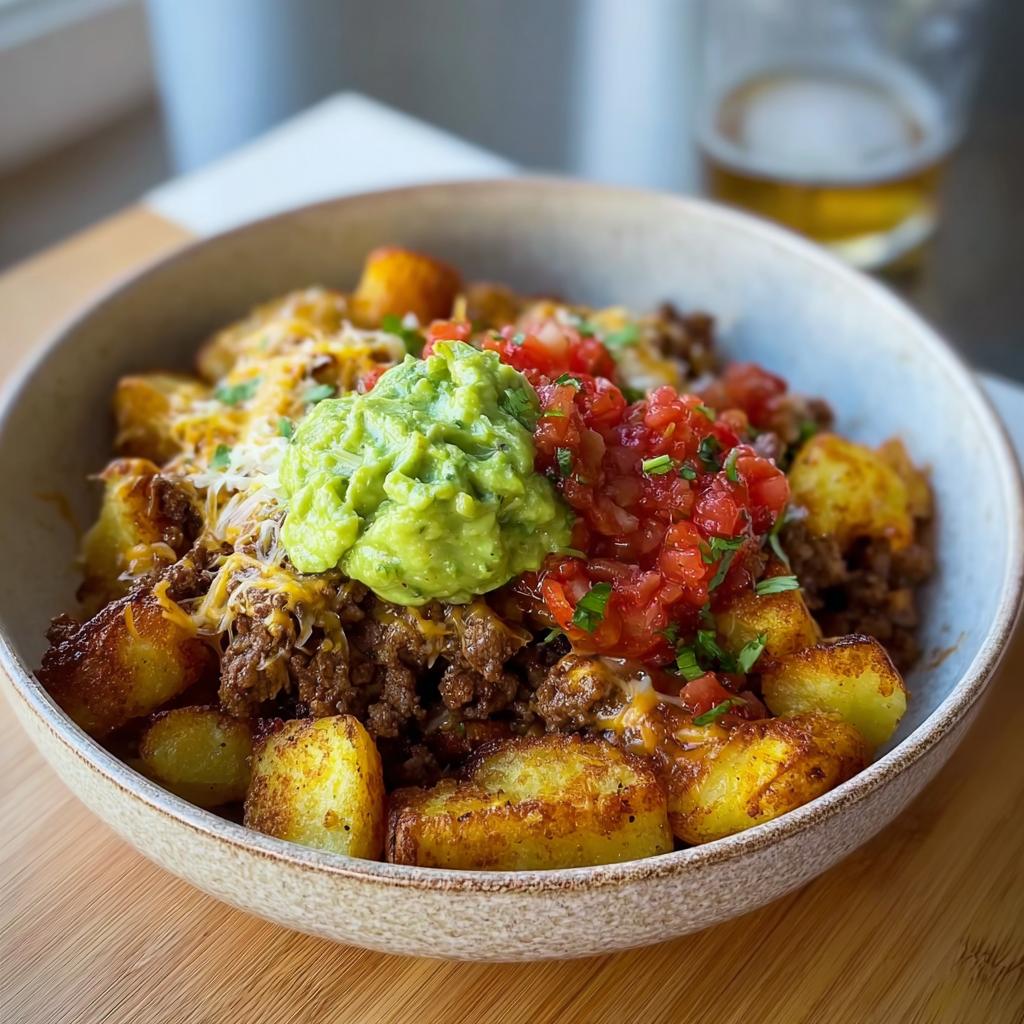 A delicious Schnelle Kartoffel Taco Bowl Meal Prep featuring crispy potatoes, seasoned ground beef, melted cheese, fresh guacamole, and pico de gallo.