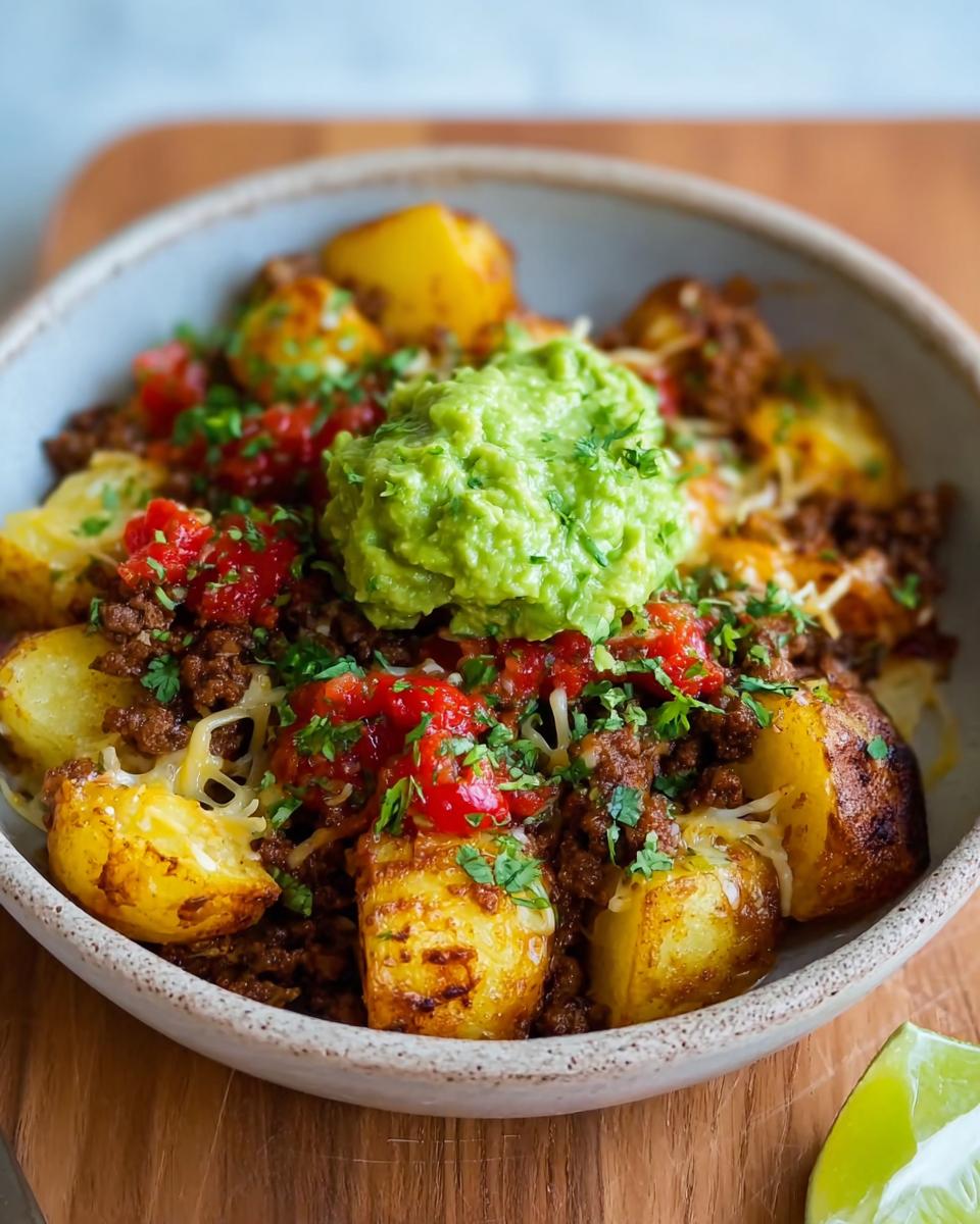 A close-up of a Schnelle Kartoffel Taco Bowl Meal Prep with roasted potatoes, seasoned ground meat, salsa, guacamole, and cheese.