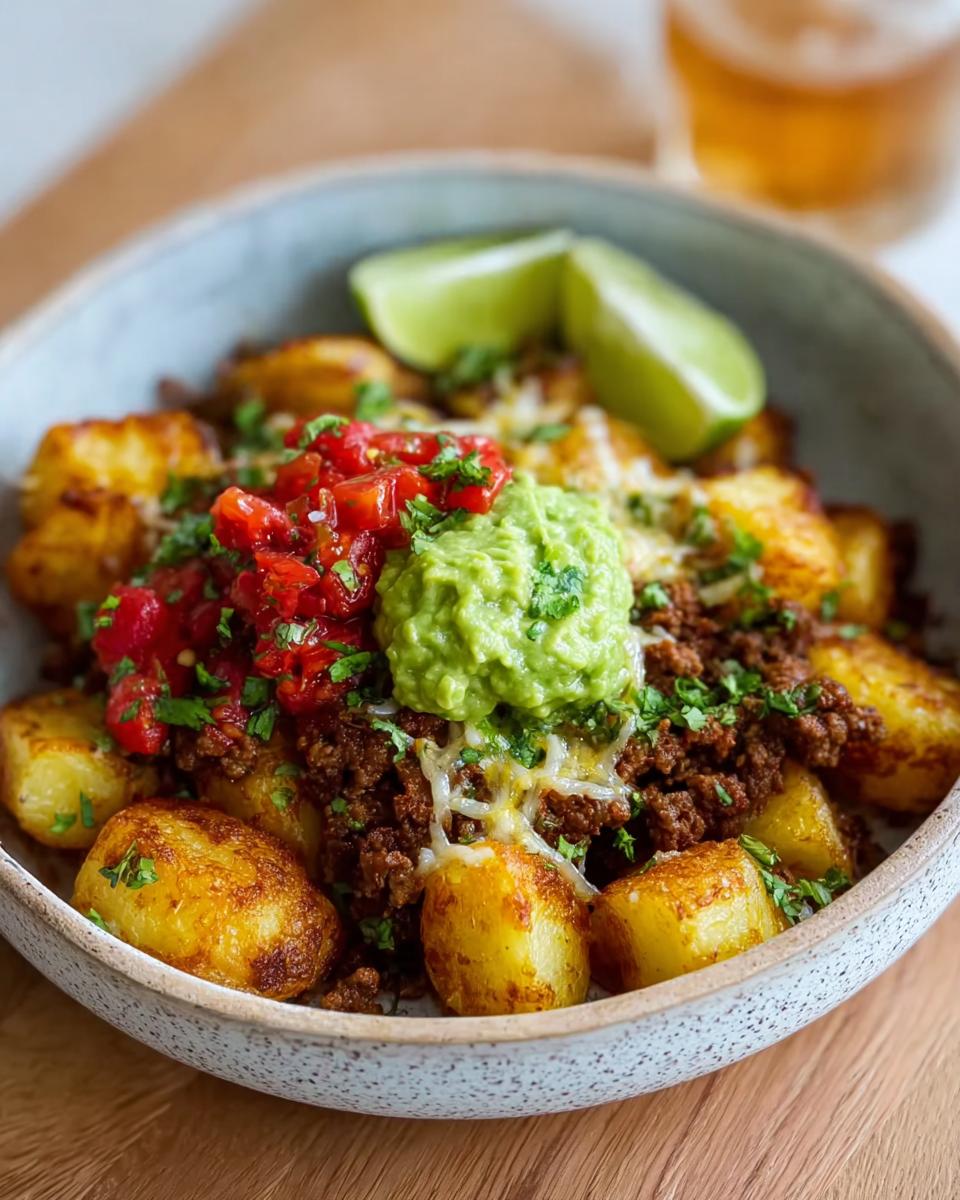 A delicious Schnelle Kartoffel Taco Bowl Meal Prep with seasoned ground beef, crispy potatoes, guacamole, salsa, and lime wedges.