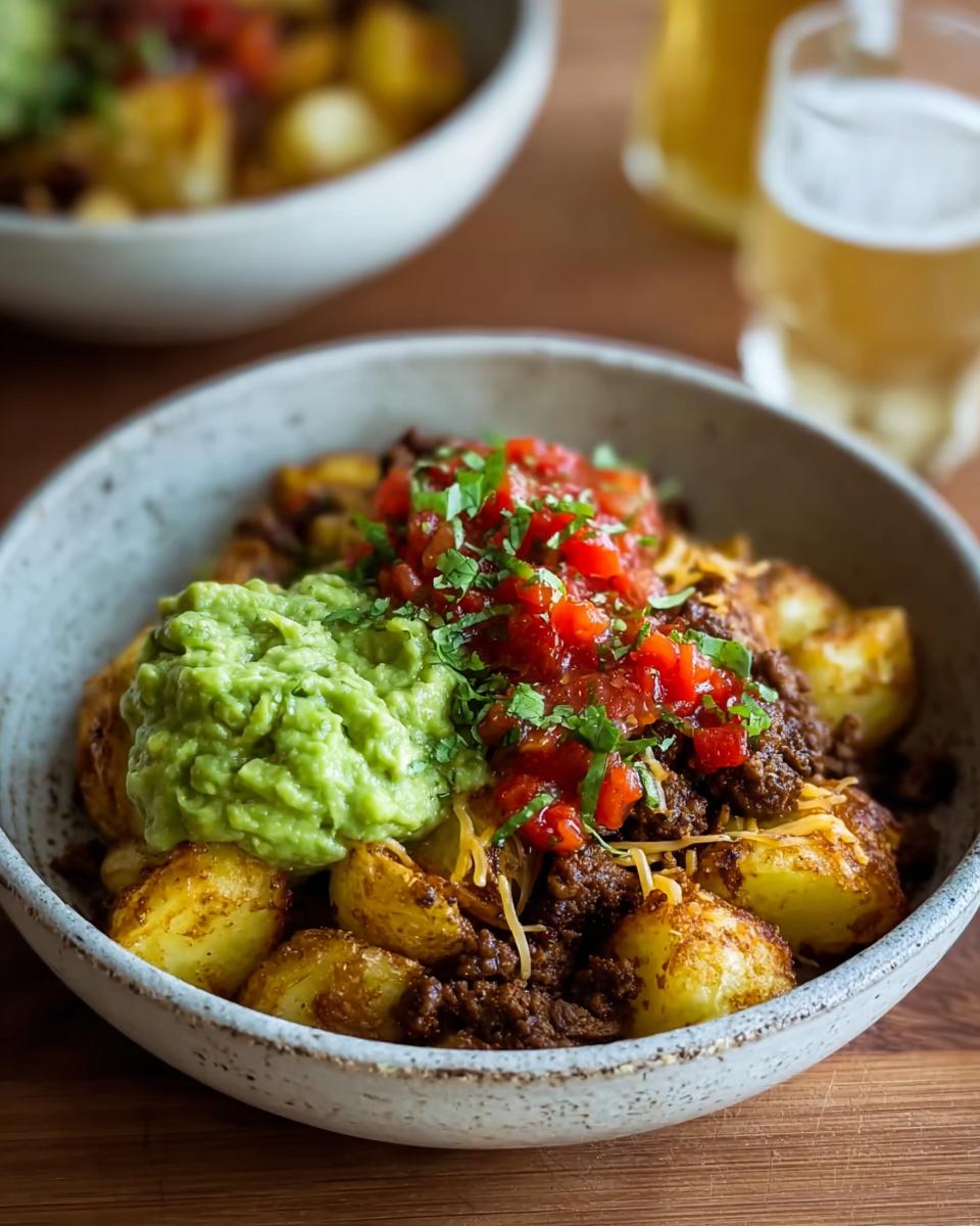 A close-up of a Schnelle Kartoffel Taco Bowl Meal Prep featuring roasted potatoes, seasoned ground meat, guacamole, salsa, and shredded cheese.