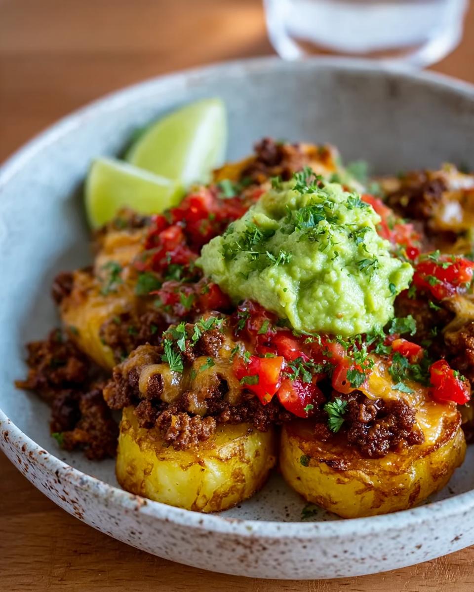 Close-up of a Schnelle Kartoffel Taco Bowl Meal Prep featuring potato rounds topped with seasoned ground meat, cheese, salsa, and guacamole.