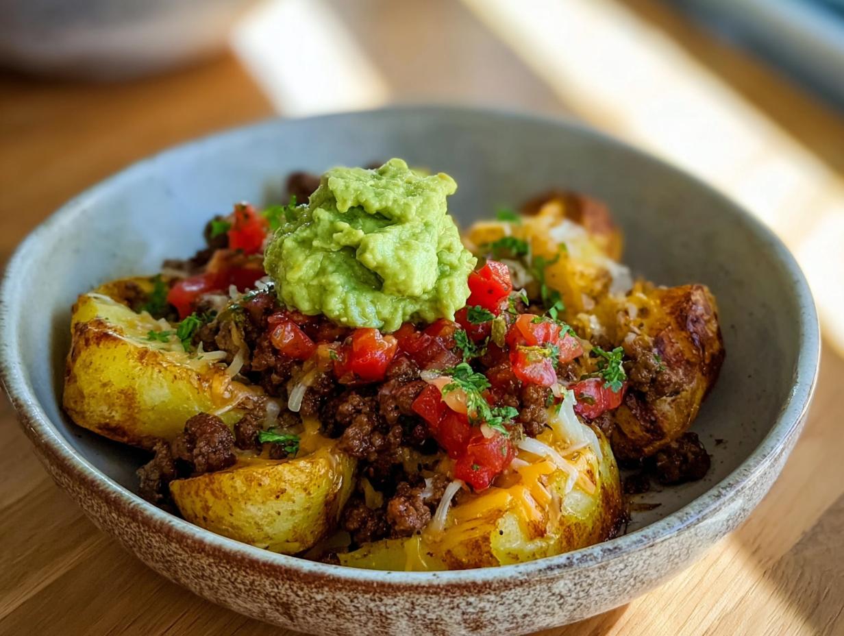 A close-up of a Schnelle Kartoffel Taco Bowl Meal Prep featuring crispy potatoes, seasoned ground beef, diced tomatoes, shredded cheese, and guacamole.