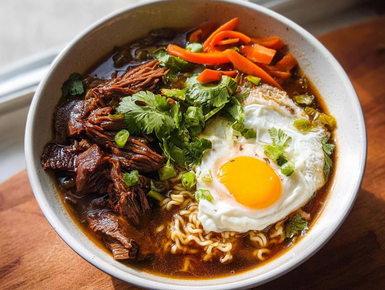 A bowl of Slow Cooker Beef Ramen Noodles topped with shredded beef, a fried egg, carrots, and cilantro.