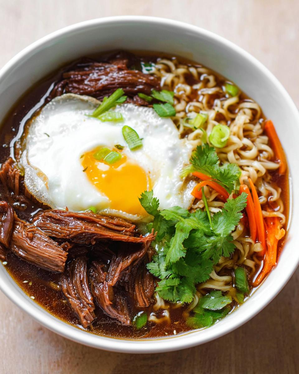 A bowl of Slow Cooker Beef Ramen Noodles topped with a fried egg, shredded beef, cilantro, and scallions.