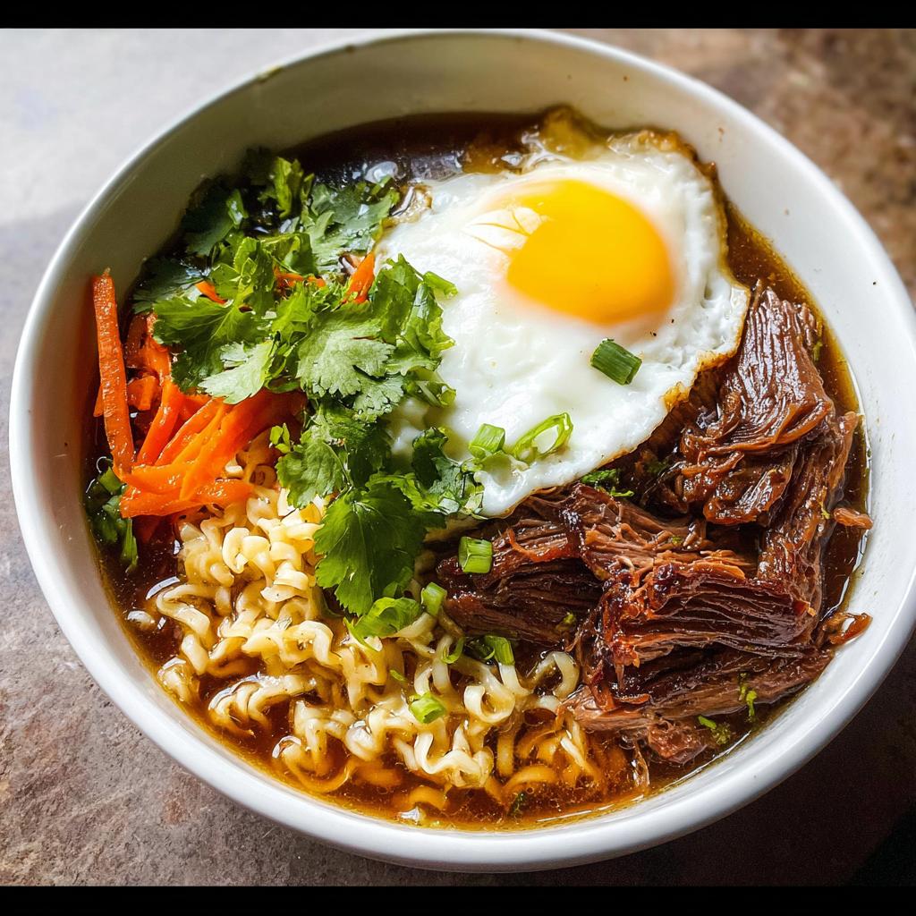 A bowl of Slow Cooker Beef Ramen Noodles topped with a fried egg, shredded carrots, and cilantro.