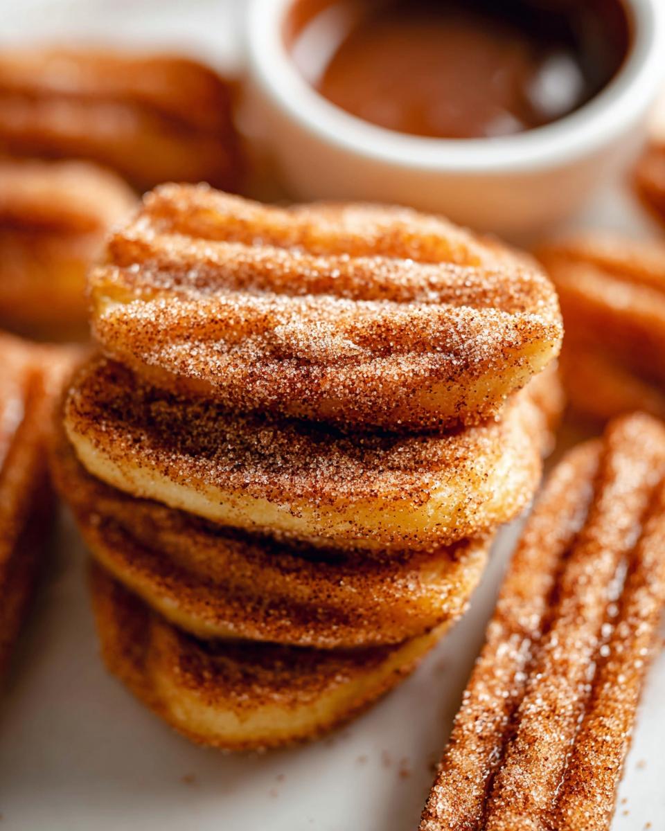 A stack of Irresistible Spanish Churro Pancakes coated in cinnamon sugar, with a side of dipping sauce.