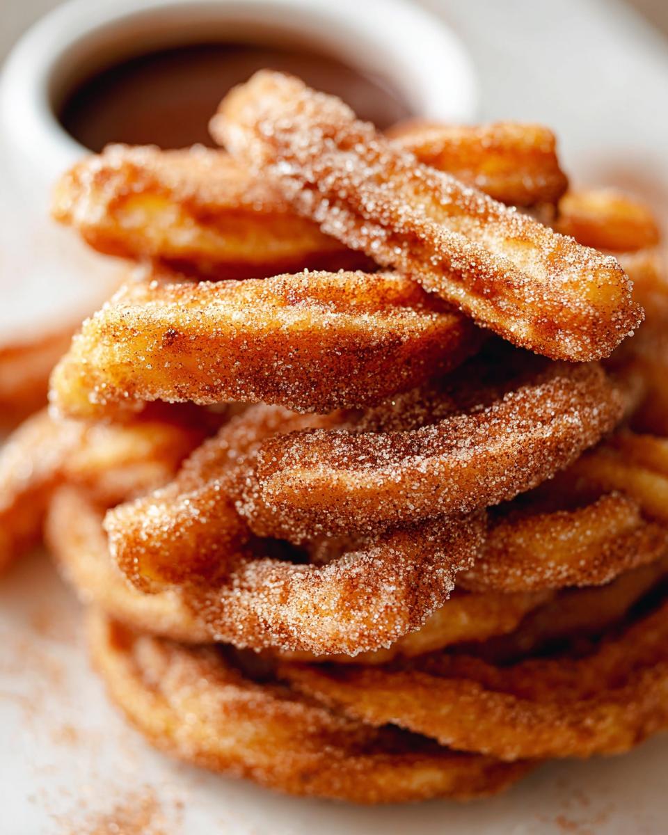 A close-up stack of Irresistible Spanish Churro Pancakes, coated in cinnamon sugar, with a side of chocolate dipping sauce.