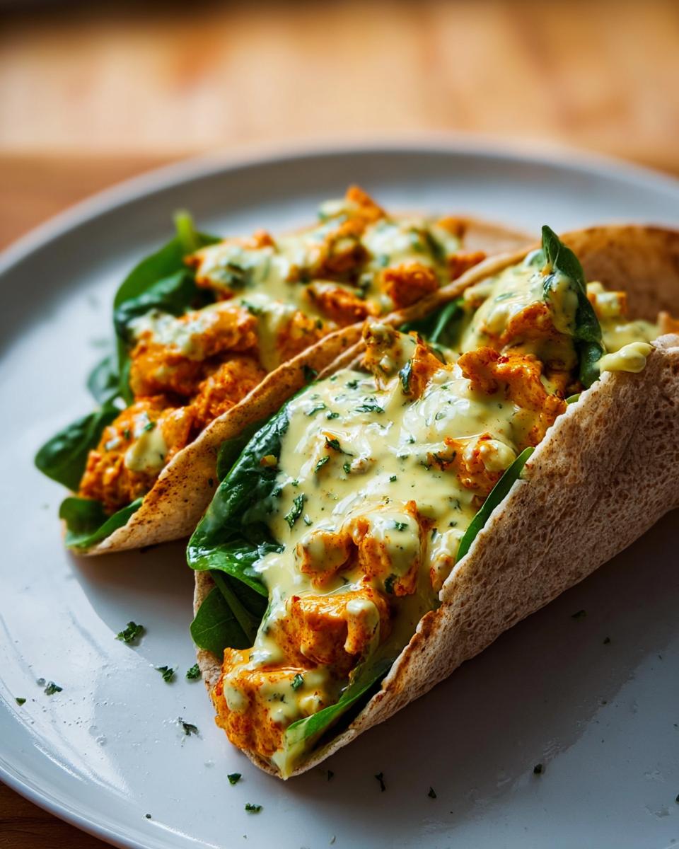 Two Spicy Buffalo Chicken Wraps filled with chicken, spinach, and drizzled with creamy sauce on a white plate.