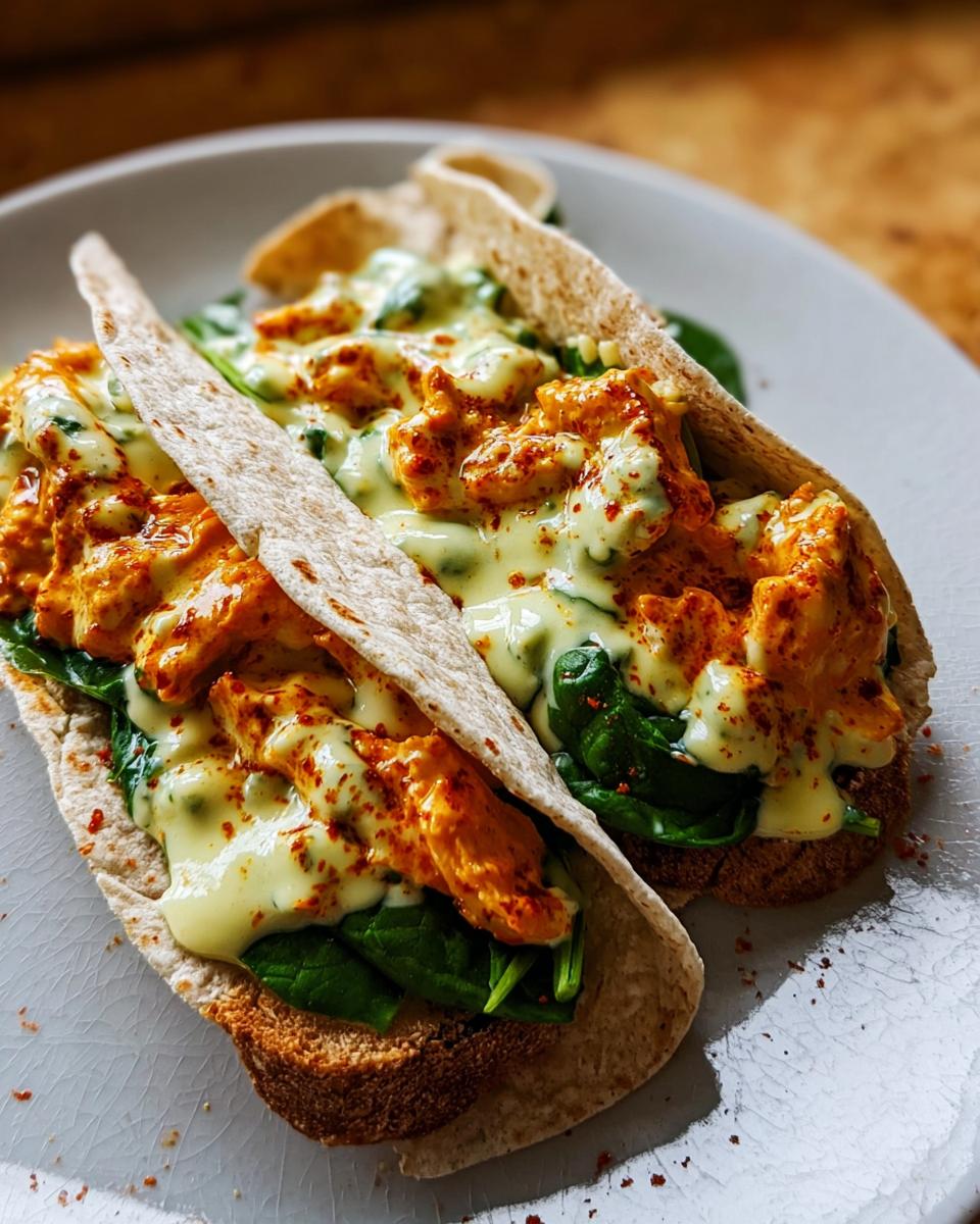 Two Spicy Buffalo Chicken Wraps for Two filled with chicken, spinach, and a creamy sauce.