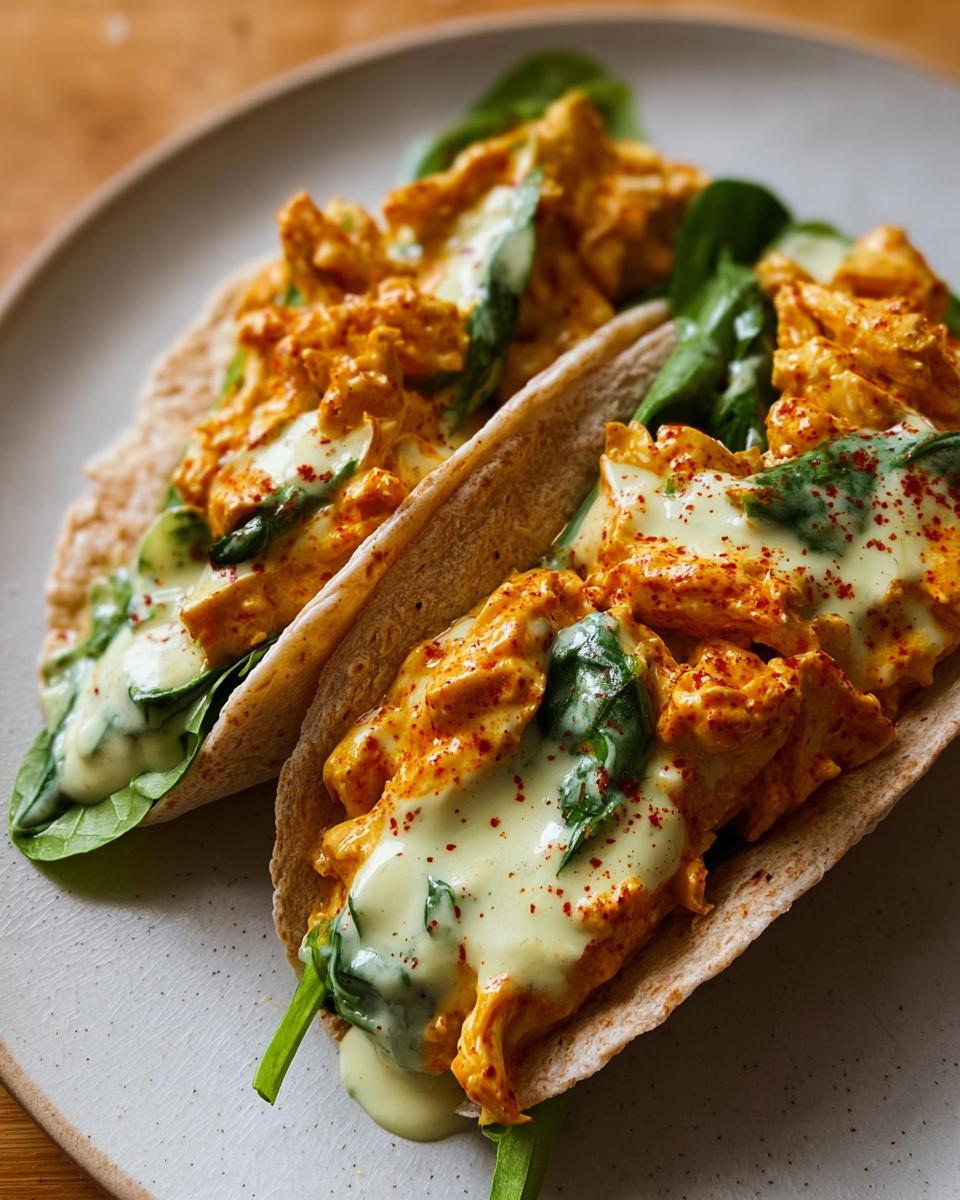 Two Spicy Buffalo Chicken Wraps filled with shredded chicken, spinach, and a creamy sauce, drizzled with a light green dressing.