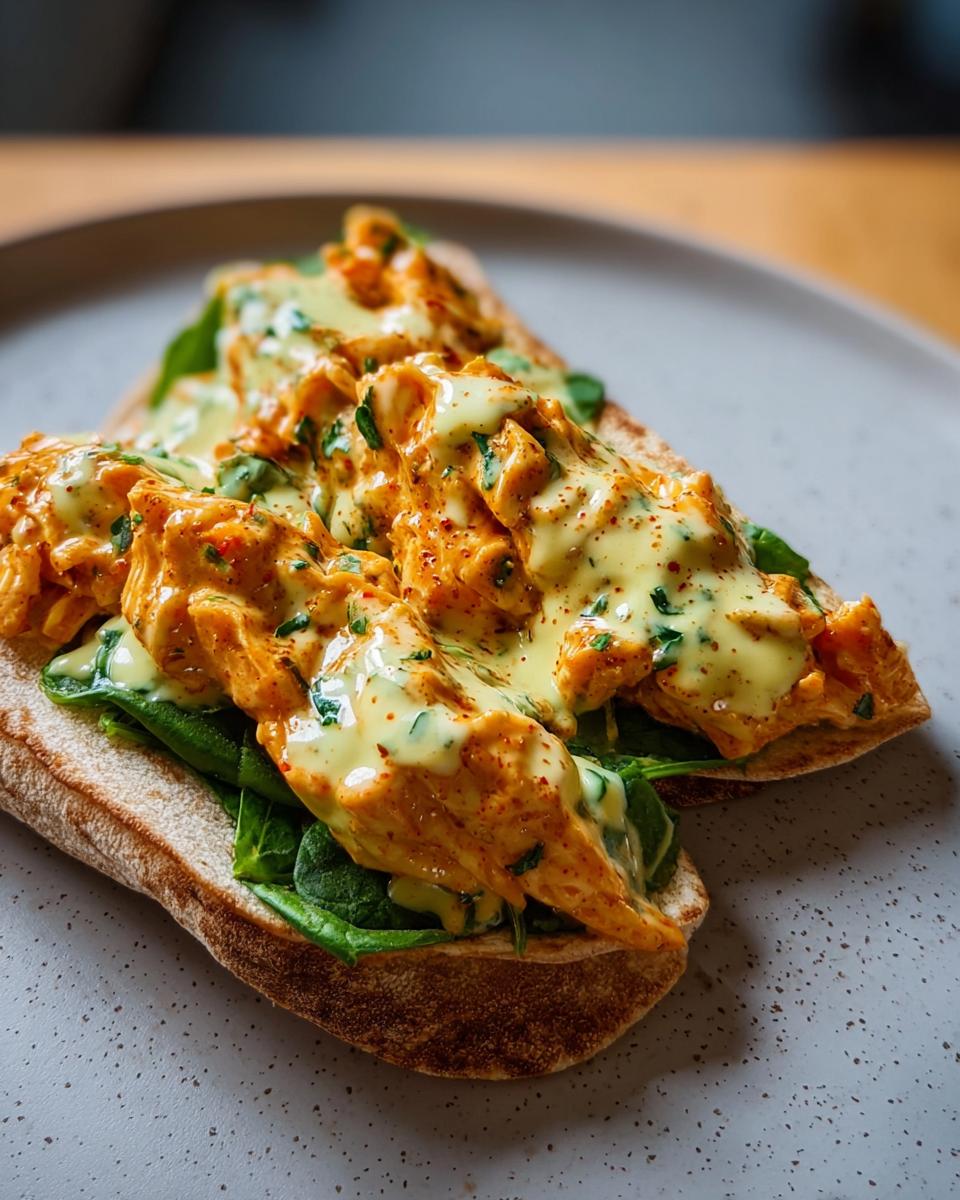 Close-up of two Spicy Buffalo Chicken Wraps for Two, topped with creamy sauce and fresh herbs.