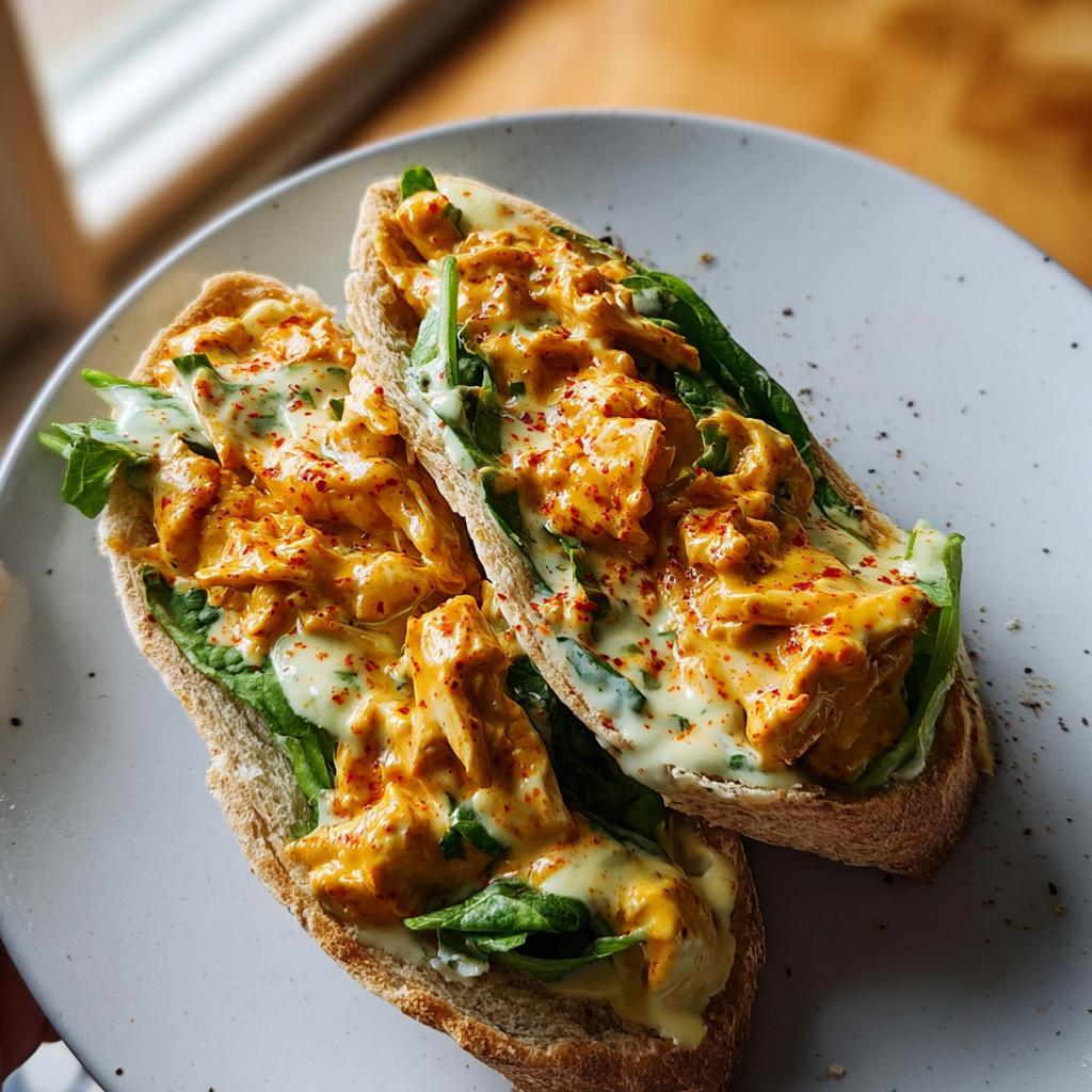 Two halves of a spicy buffalo chicken wrap on a plate, showing shredded chicken, greens, and creamy sauce.