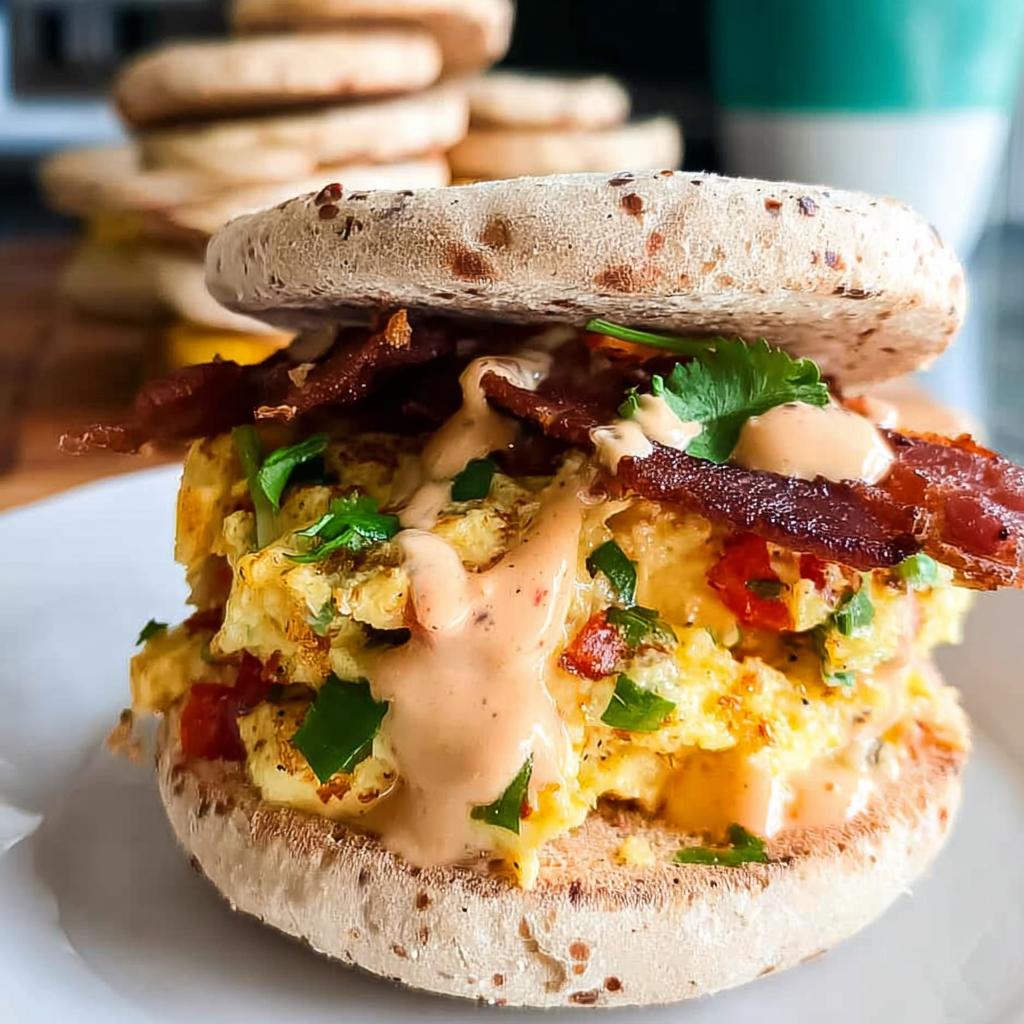 A delicious Spicy Chipotle Egg Breakfast Sandwich stacked high with scrambled eggs, bacon, and sauce on an English muffin.