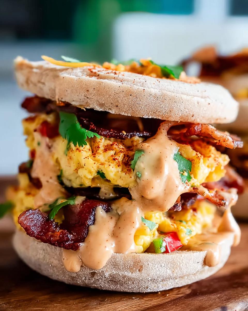 A tall Spicy Chipotle Egg Breakfast Sandwich stacked with scrambled eggs, bacon, cilantro, and a creamy sauce on an English muffin.