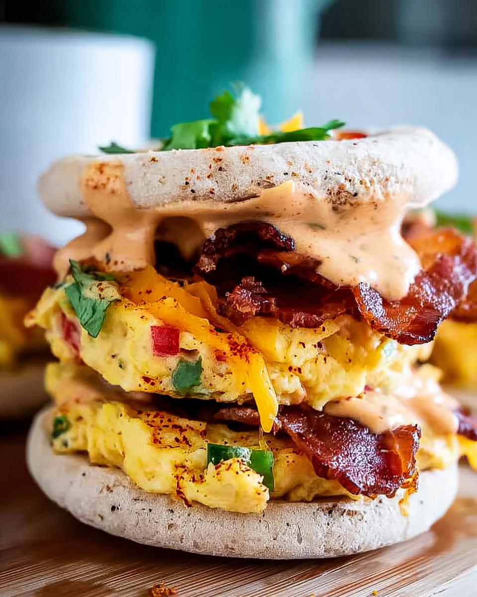 A close-up of a Spicy Chipotle Egg Breakfast Sandwich stacked high with scrambled eggs, bacon, cheese, and chipotle sauce on an English muffin.