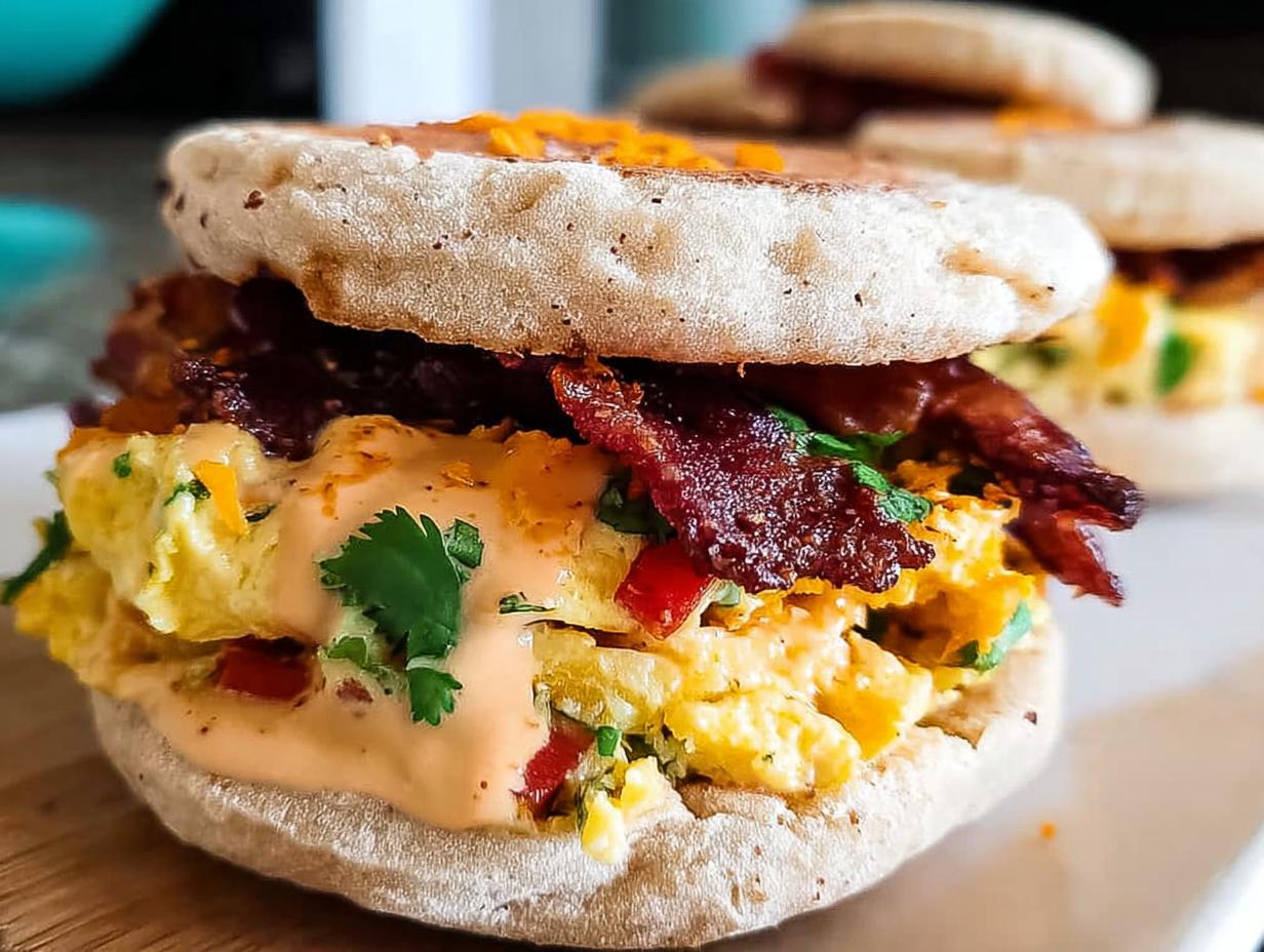 A delicious Spicy Chipotle Egg Breakfast Sandwich stacked with scrambled eggs, bacon, and sauce on an English muffin.
