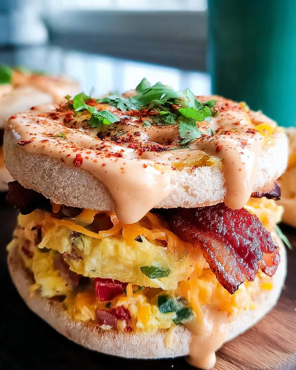 A close-up of a Spicy Chipotle Egg Breakfast Sandwich with bacon, cheese, and a drizzle of sauce.