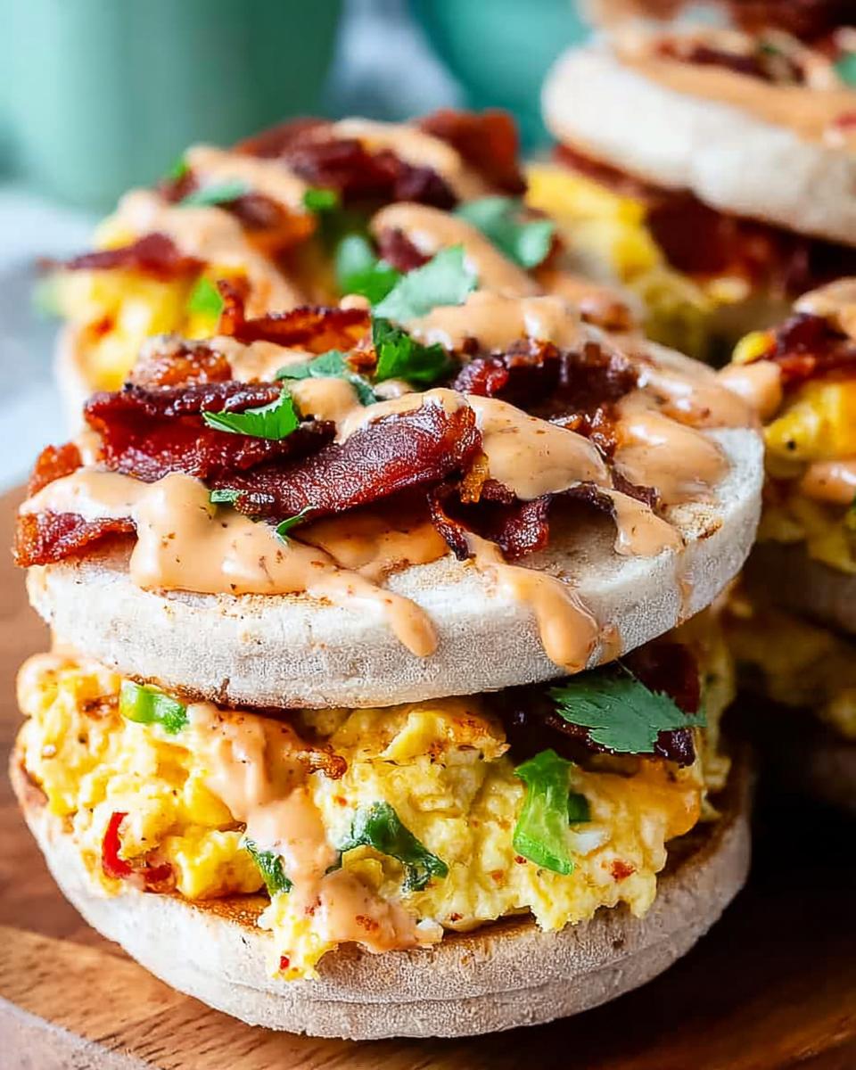 Close-up of a stack of Spicy Chipotle Egg Breakfast Sandwiches with crispy bacon and a drizzle of sauce.