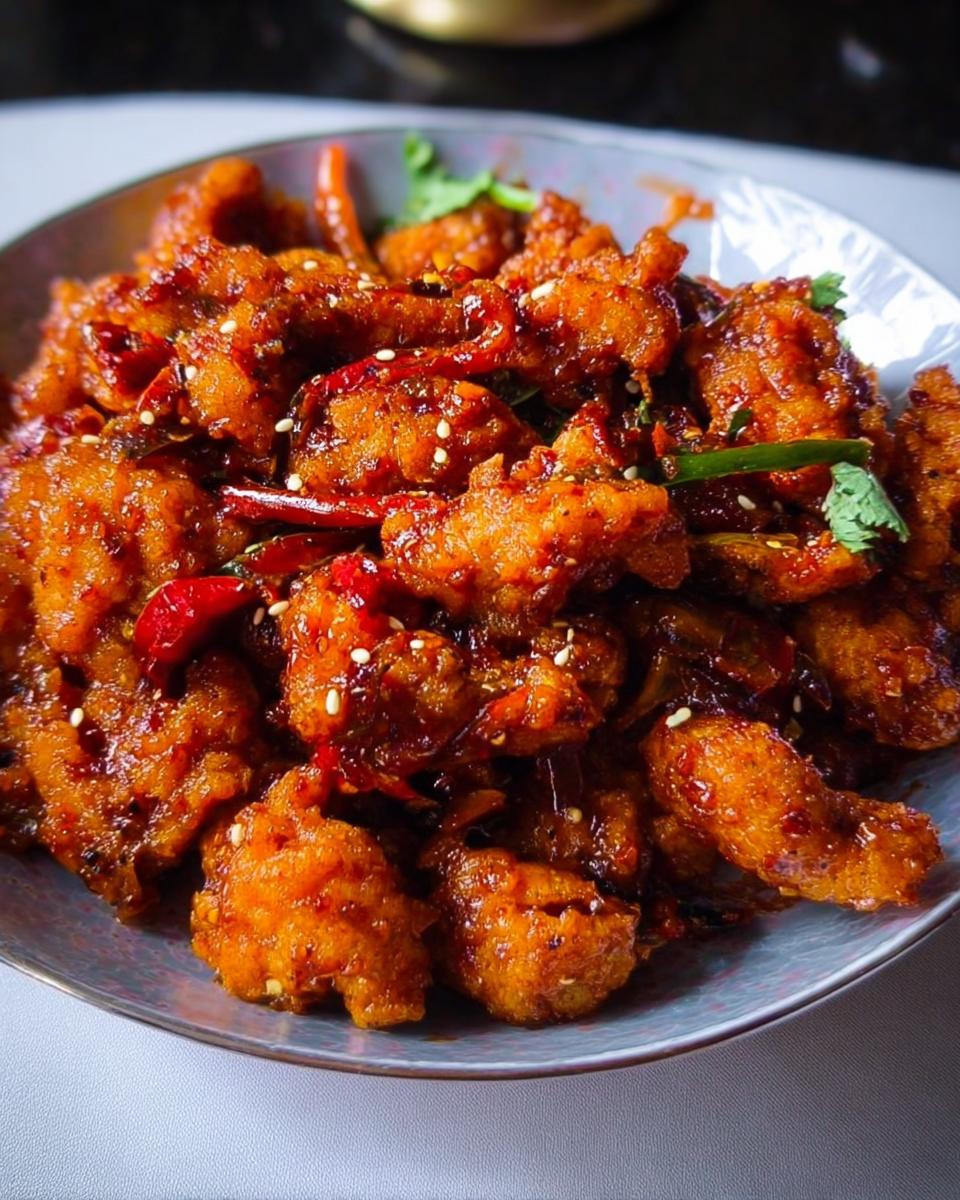 A close-up shot of Spicy Dragon Chicken in a bowl, coated in a glossy, spicy sauce with chili peppers and sesame seeds.