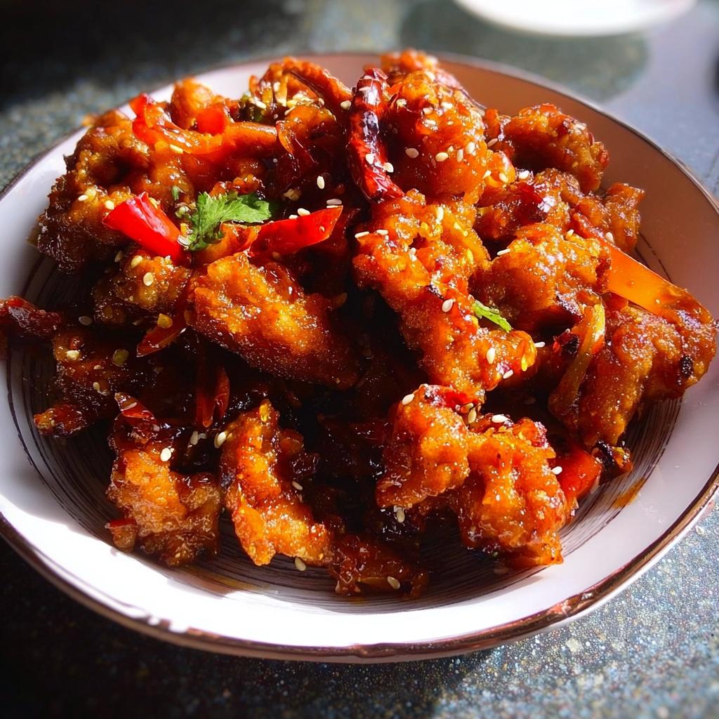 A close-up of a bowl filled with Spicy Dragon Chicken, garnished with sesame seeds and chili peppers.