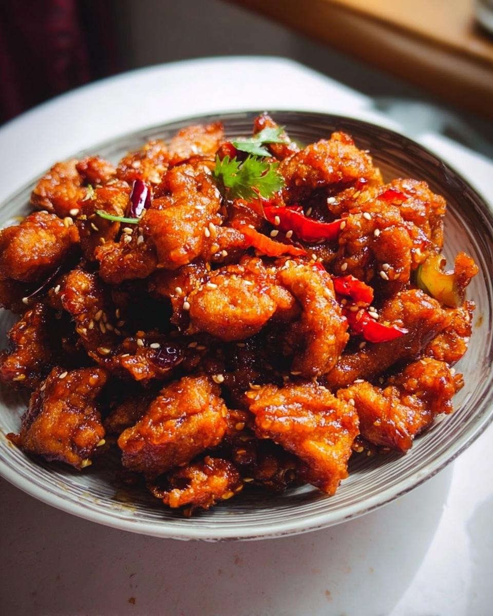 Close-up of delicious Spicy Dragon Chicken, coated in a glossy sauce with sesame seeds and chili peppers.