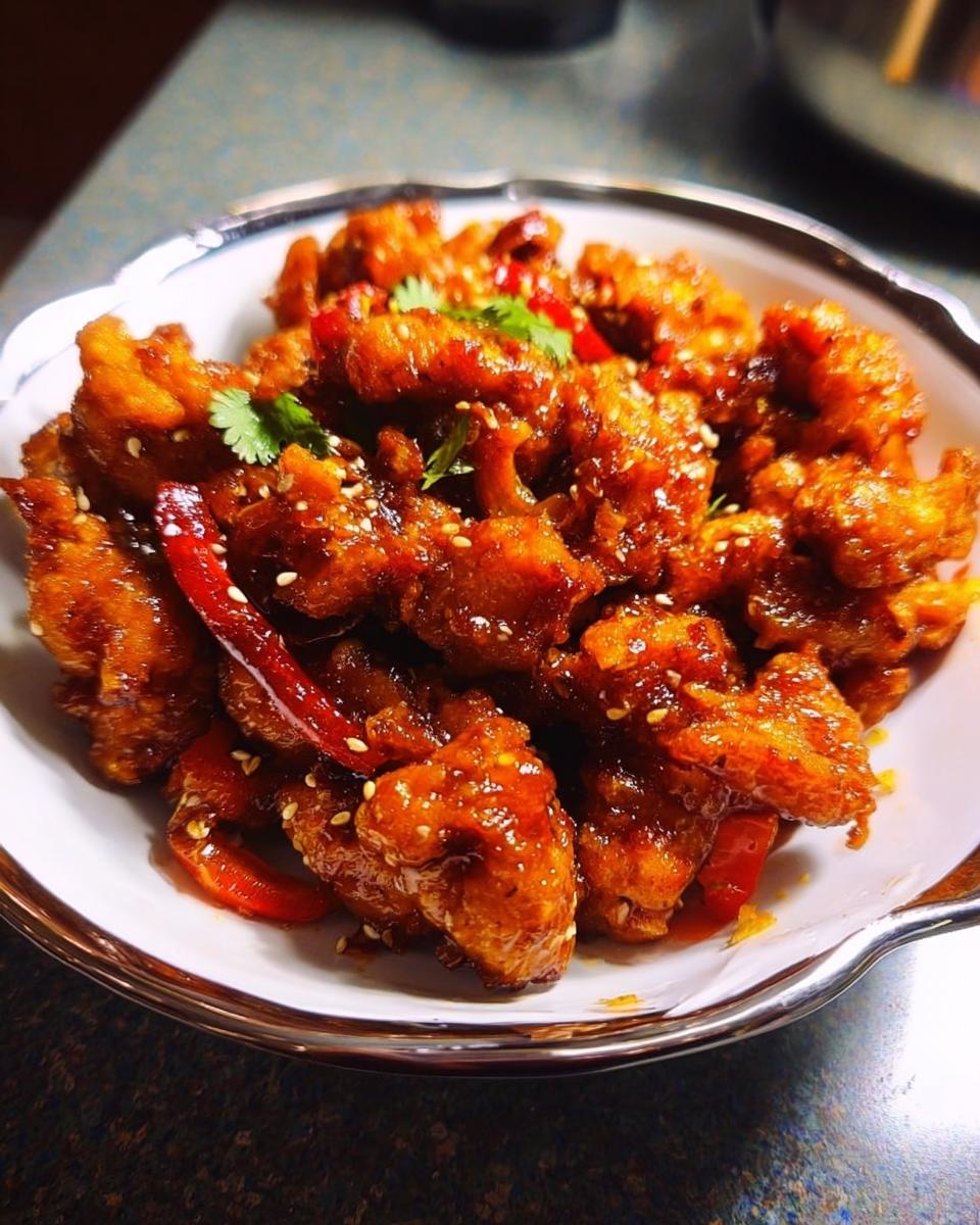 A close-up of Spicy Dragon Chicken in a bowl, coated in a glossy sauce with sesame seeds and chili peppers.