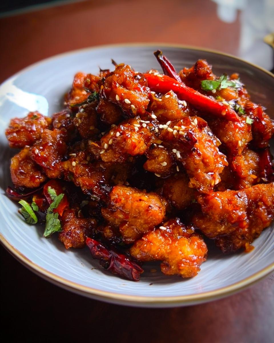 A close-up of Spicy Dragon Chicken in a bowl, coated in a glossy sauce with sesame seeds and dried chilies.