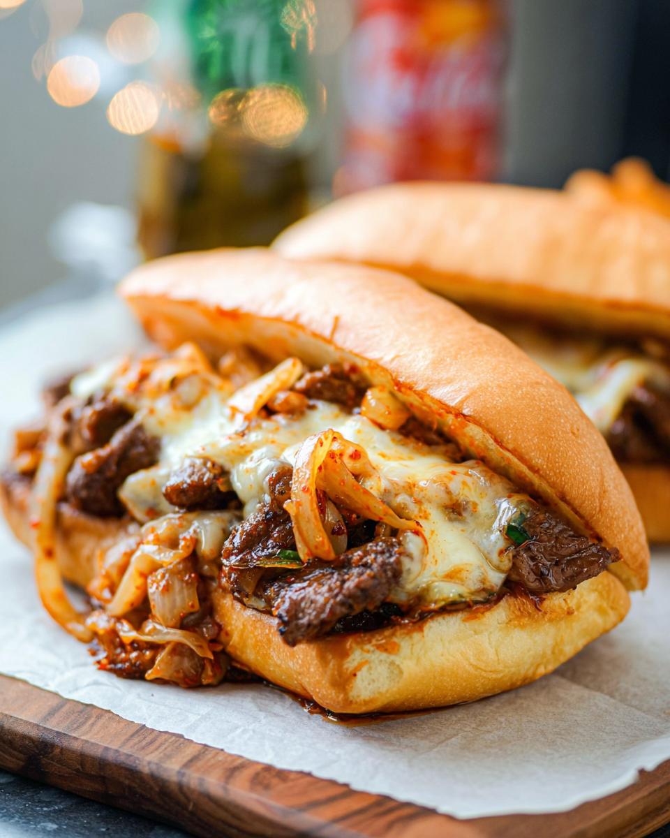 A close-up of a delicious Spicy Kimchi Bulgogi Cheesesteak sandwich overflowing with tender beef, melted cheese, and onions.