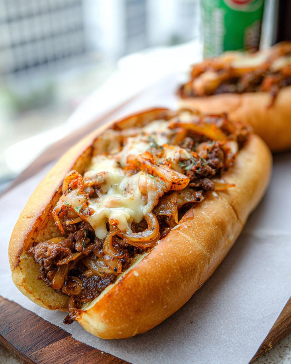 A delicious Spicy Kimchi Bulgogi Cheesesteak sandwich overflowing with meat, onions, and melted cheese.