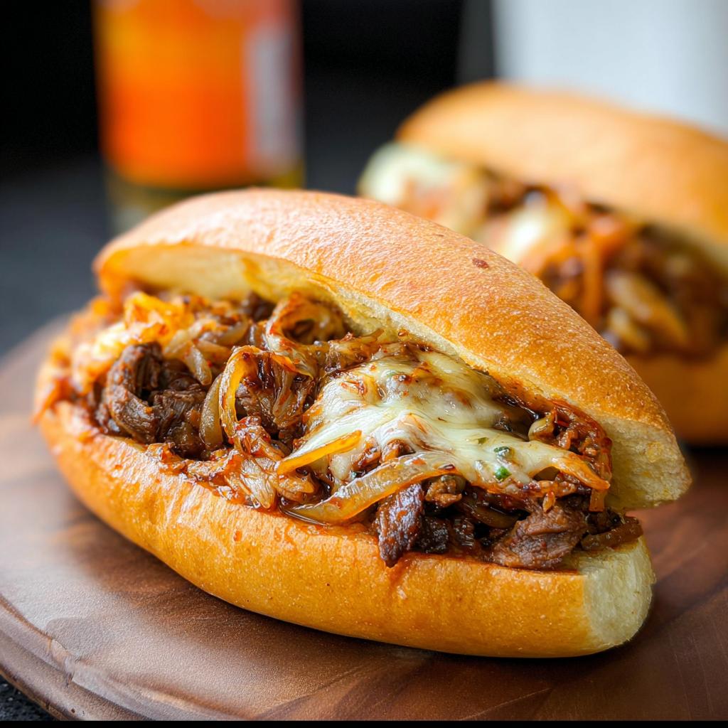 A close-up of a delicious Spicy Kimchi Bulgogi Cheesesteak sandwich filled with tender beef, melted cheese, and onions on a toasted bun.
