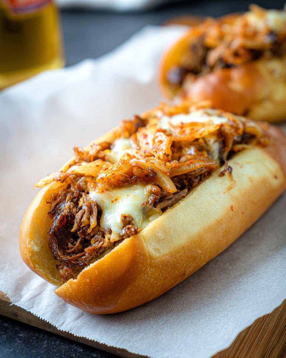 Close-up of a delicious Spicy Kimchi Bulgogi Cheesesteak sandwich on a bun, topped with melted cheese and kimchi.