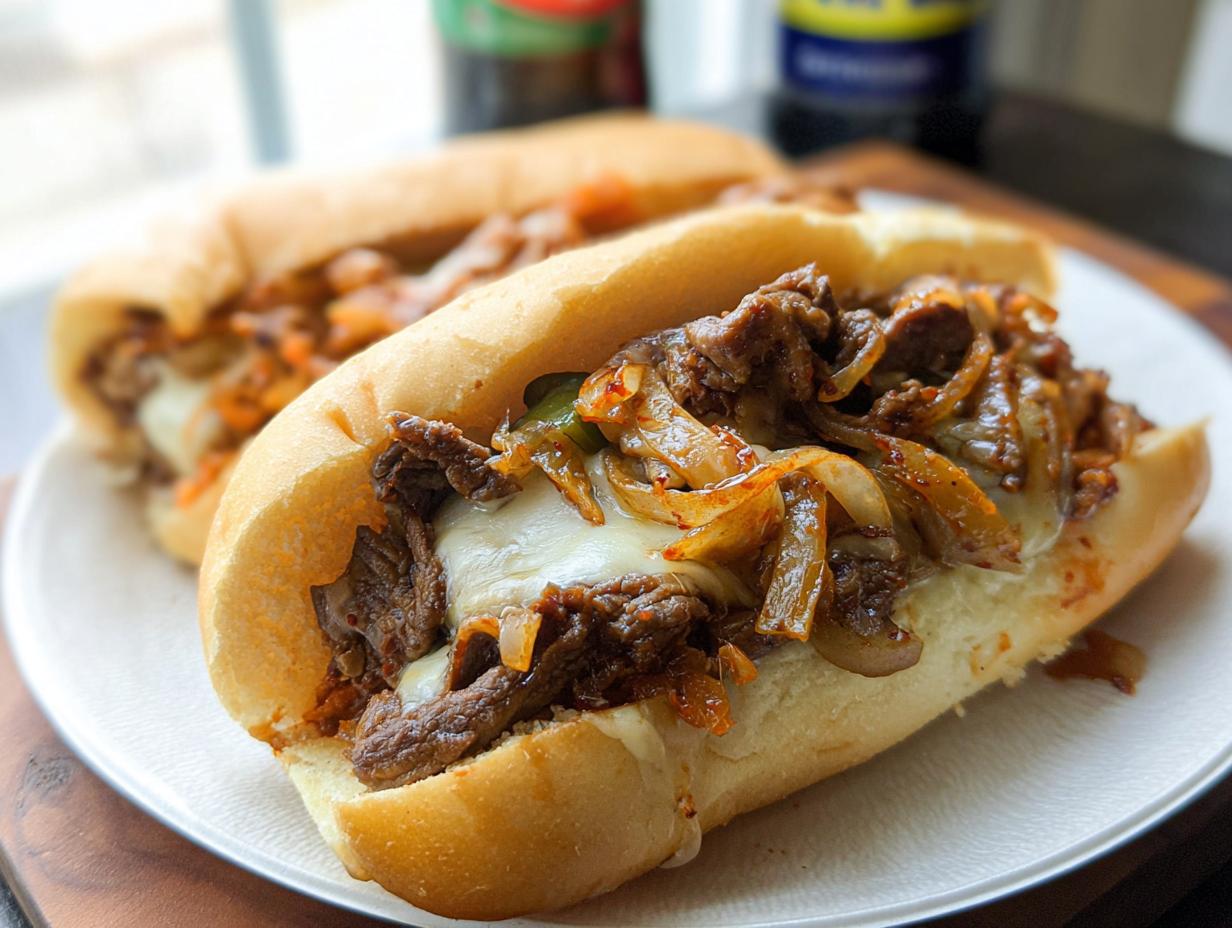 A delicious Spicy Kimchi Bulgogi Cheesesteak sandwich filled with tender beef, melted cheese, and kimchi.