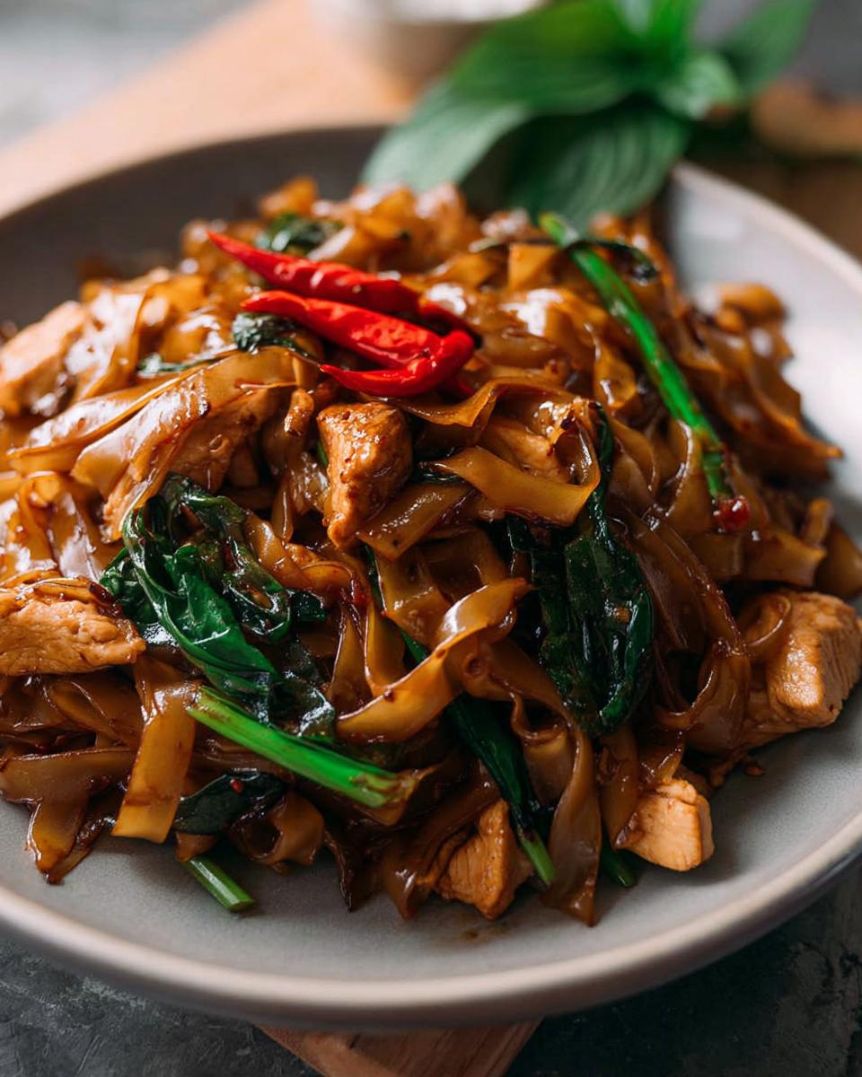 Close-up of a plate of delicious Street Style Thai Drunken Noodles with chicken, fresh basil, and red chilies.
