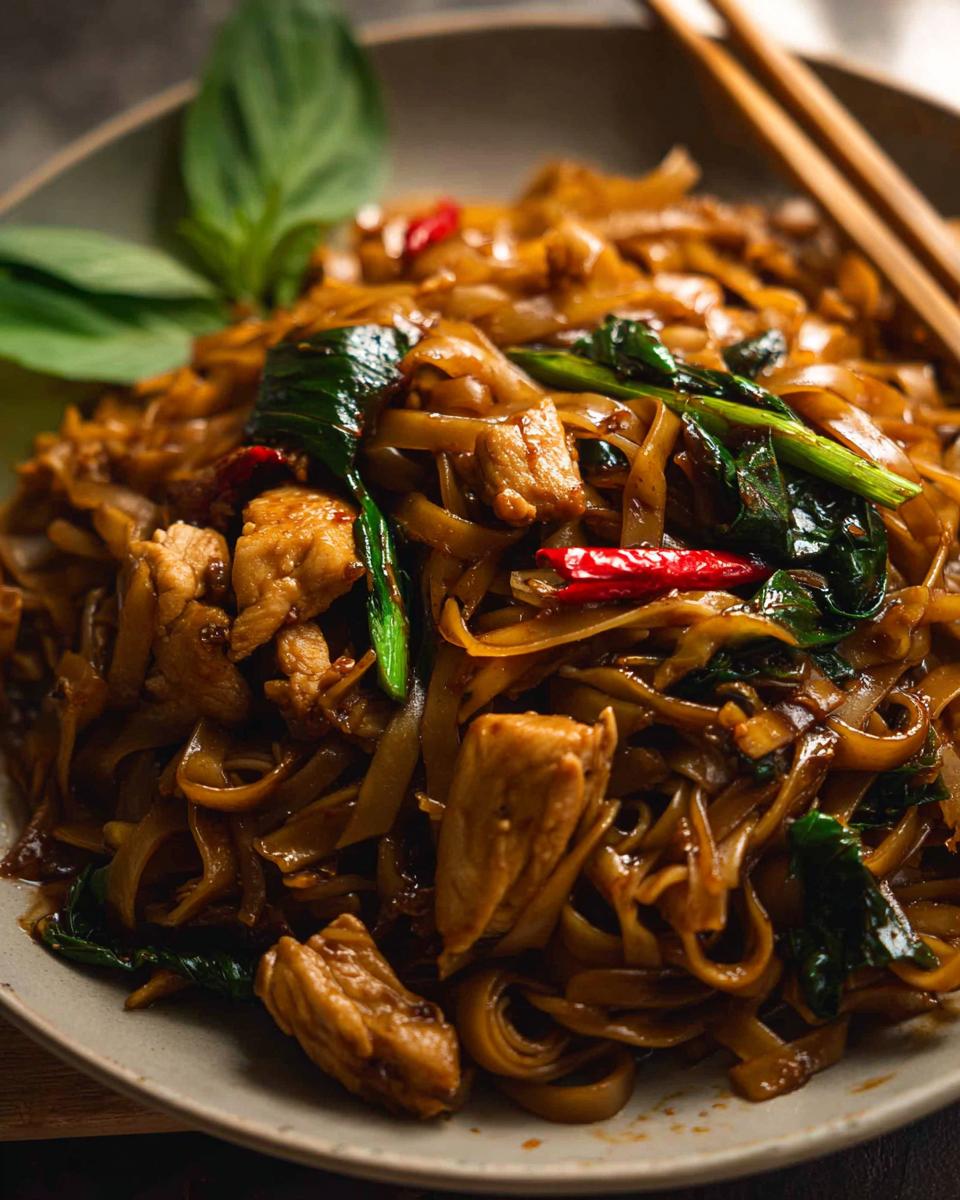 Close-up of a plate piled high with Street Style Thai Drunken Noodles, featuring wide rice noodles, chicken, basil, and red chilies.