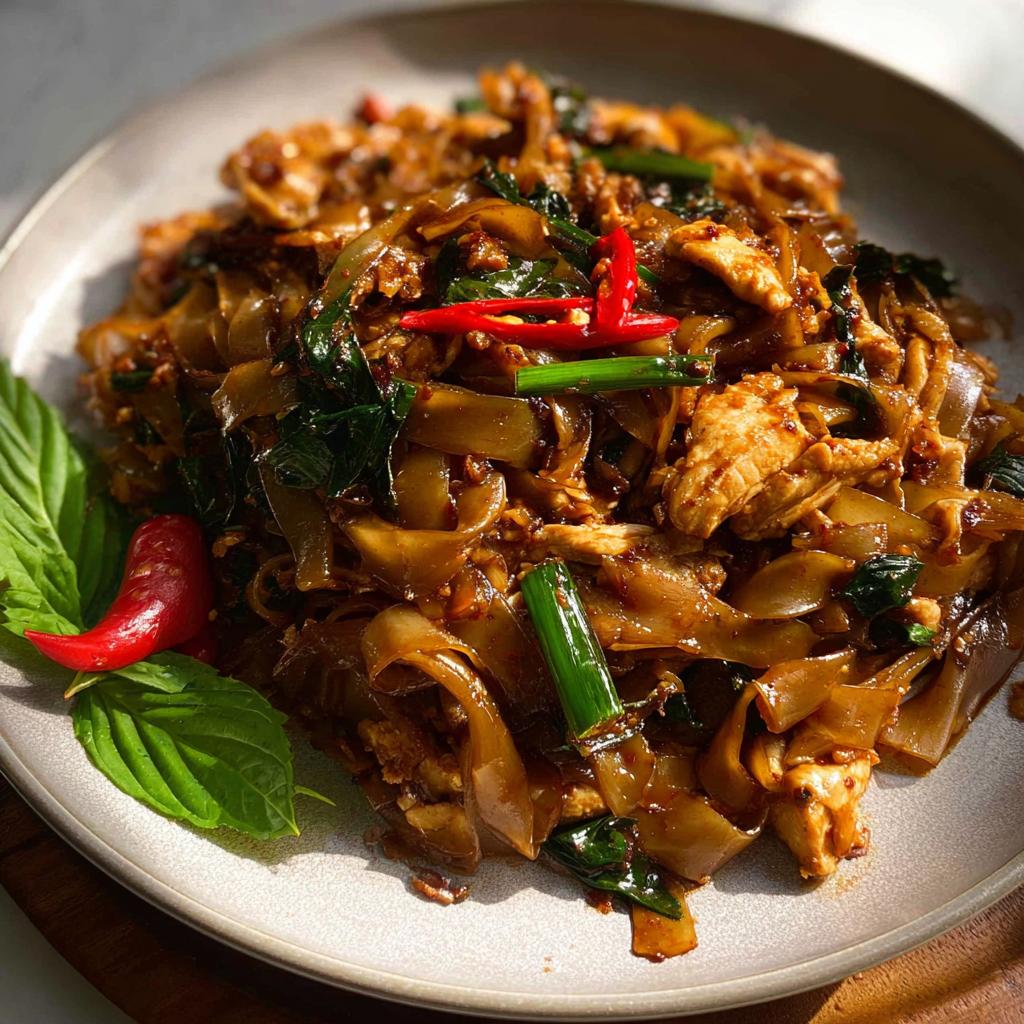 A close-up of a plate piled high with glistening Street Style Thai Drunken Noodles, featuring wide rice noodles, chicken, green onions, and red chilies.