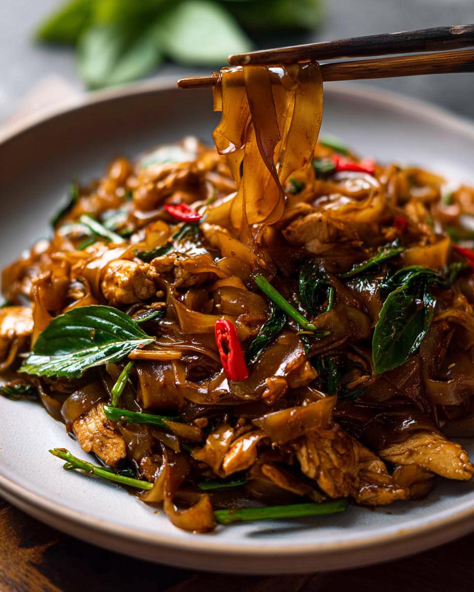 Close-up of Street Style Thai Drunken Noodles being lifted with chopsticks, showing wide noodles, chicken, basil, and chili.