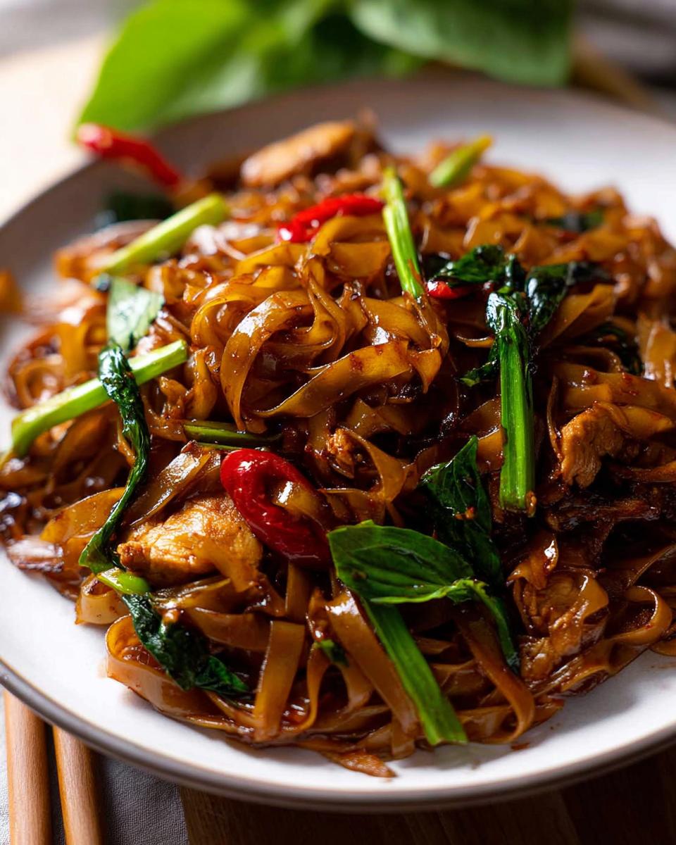 A close-up of a plate piled high with glossy, wide rice noodles, chicken pieces, fresh green vegetables, and red chilies, representing Street Style Thai Drunken Noodles.