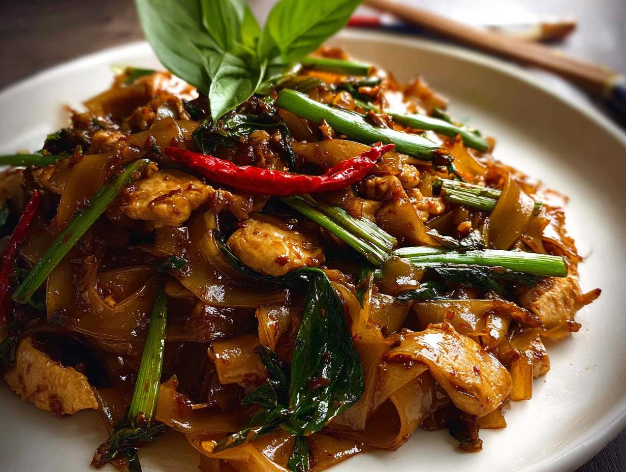 A close-up of a plate of delicious Street Style Thai Drunken Noodles, featuring wide rice noodles, chicken, chili peppers, and basil.